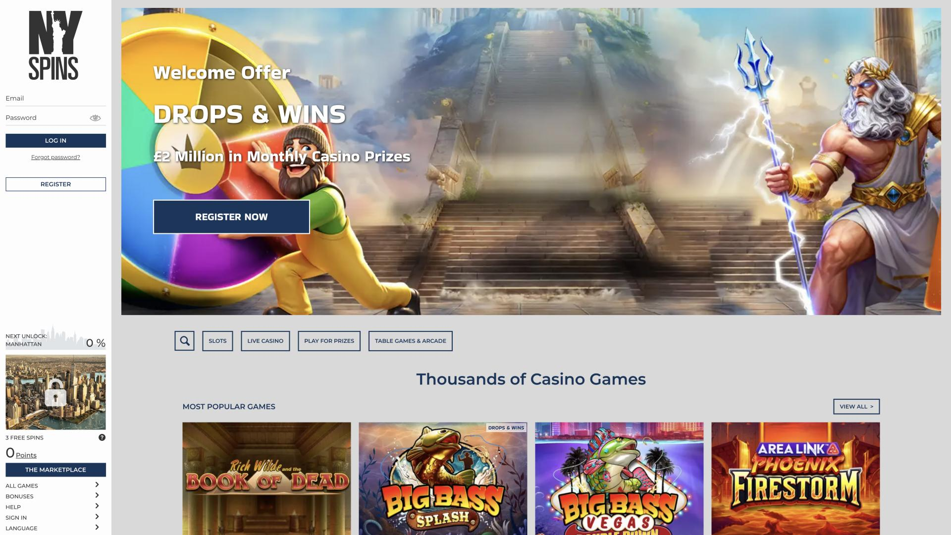 Screenshot of the NY Spins website
